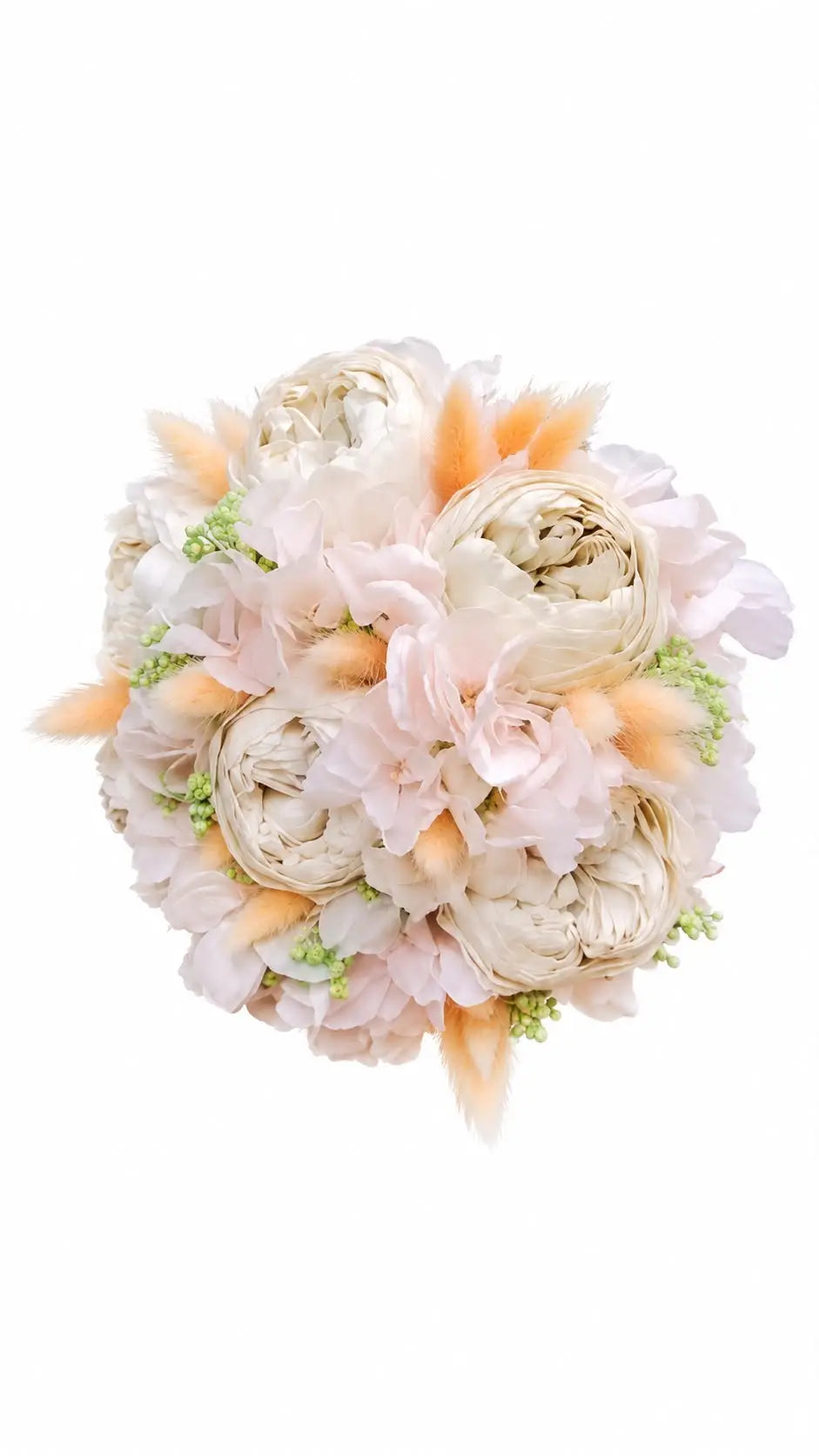 Buchet de mireasă sau nașă cu bujori ivory, hortensie roz pal, gipsofilă verde și lagurus piersică