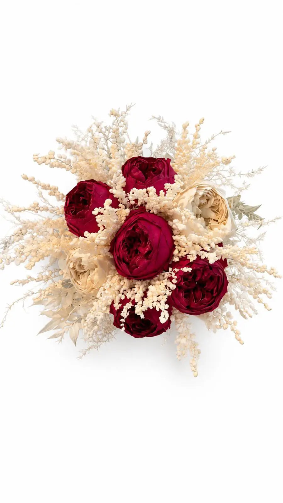 Buchet de mireasă sau nașă cu bujori roșu-burgundi și ivory, completat de flori mici crem