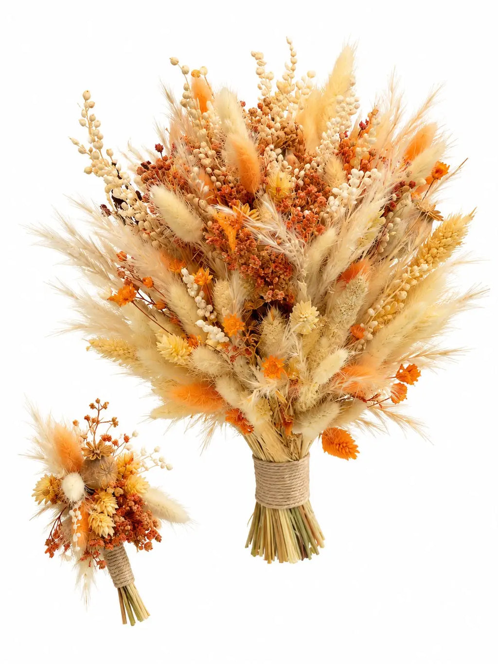 Buchet de mireasă sau nașă în nuanțe crem și portocaliu, cu spice decorative și cocardă asortată alături