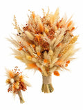 Buchet de mireasă sau nașă în nuanțe crem și portocaliu, cu spice decorative și cocardă asortată alături