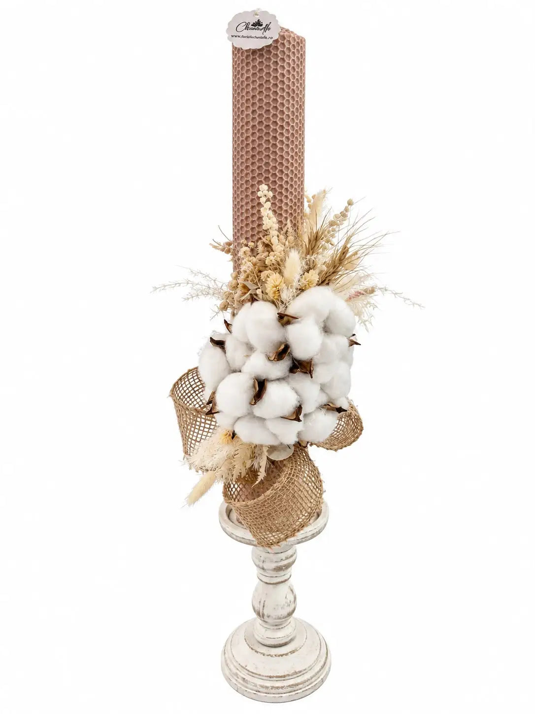 Lumânare de botez din ceară de albine tip fagure, decorată cu flori naturale criogenate