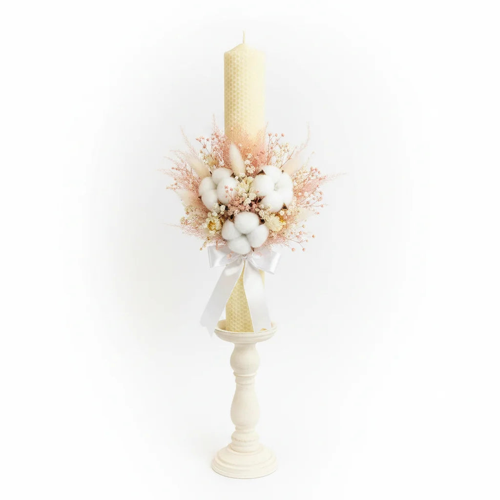Lumânare eveniment ceară naturală albine flori criogenate 30-40cm – nuntă botez handmade CBCandle România