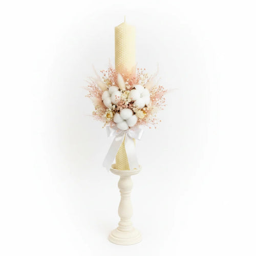 Lumânare eveniment ceară naturală albine flori criogenate 30-40cm – nuntă botez handmade CBCandle România