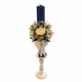 Lumânare botez albastru închis ceară naturală albine flori criogenate 30-40cm – handmade CBCandle România