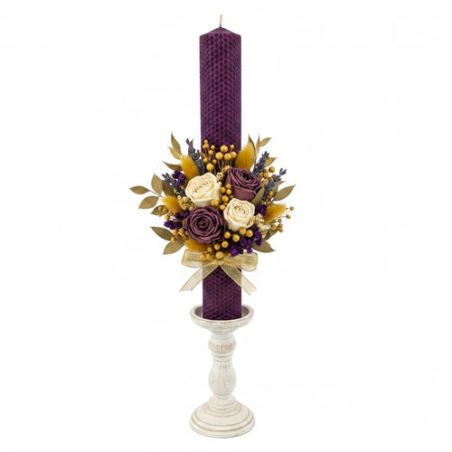 Lumânare botez cununie mov ceară naturală albine flori criogenate 30-40cm – handmade CBCandle România